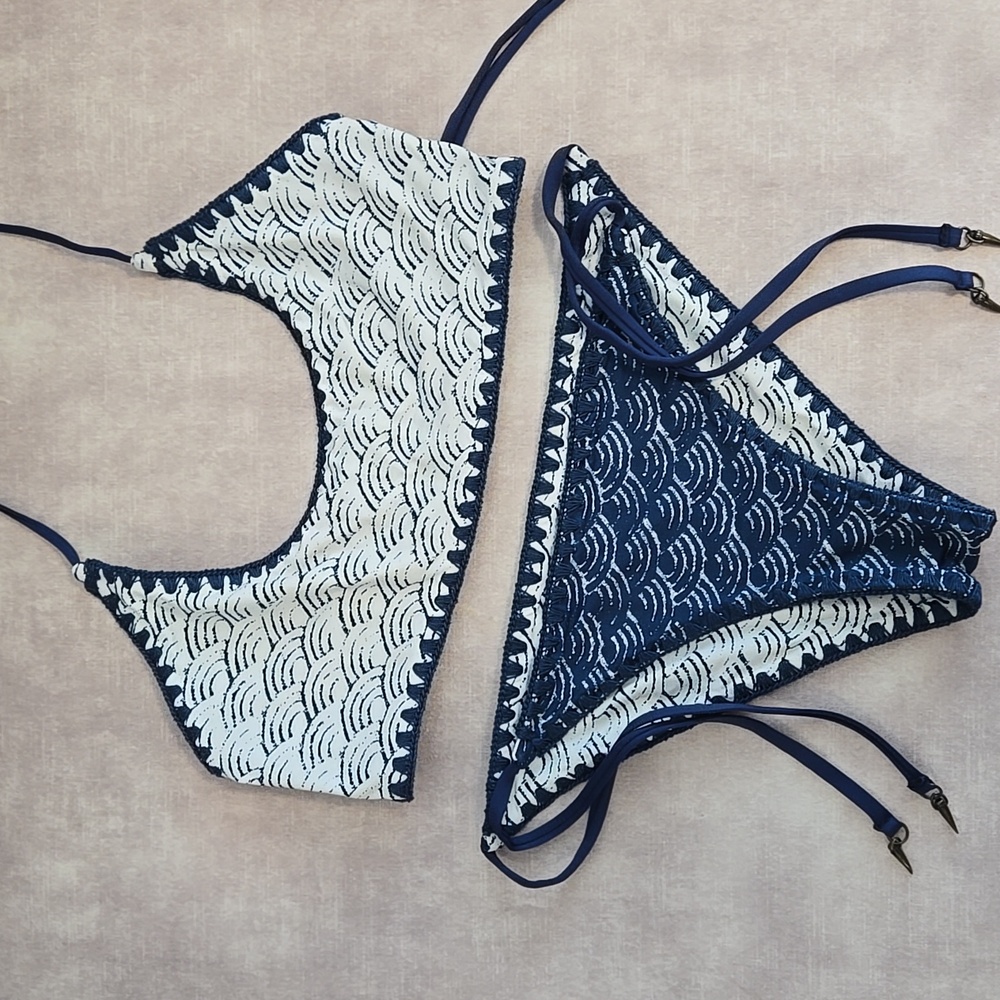 Maaji Navy Blue and Ivory Reversible Swim Bikini Set, Size S